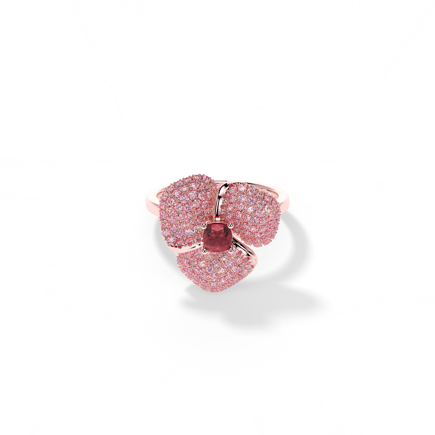 Bloom Small Flower Ligth Pink Sapphires And Rubelite Cushion Center In Pink Gold ring