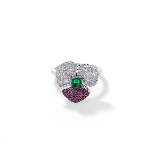BLOOM Small WHITE GOLD ring  IN DARK PINK, WHITE And Green
