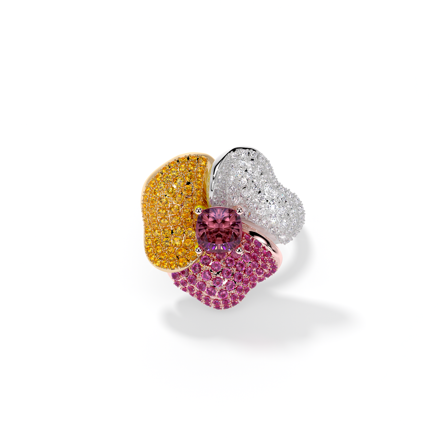 Bloom Medium Pink Gold ring in Dark Pink , Orange Sapphire and White