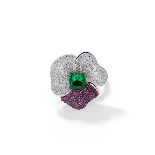 BLOOM MEDIUM WHITE GOLD ring  IN DARK PINK, WHITE And Green