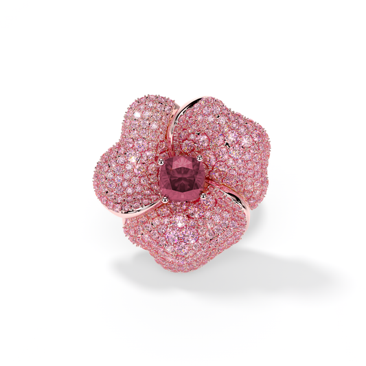 Bloom Large Flower Ligth Pink Sapphires And Rubelite Cushion Center In Pink Gold ring