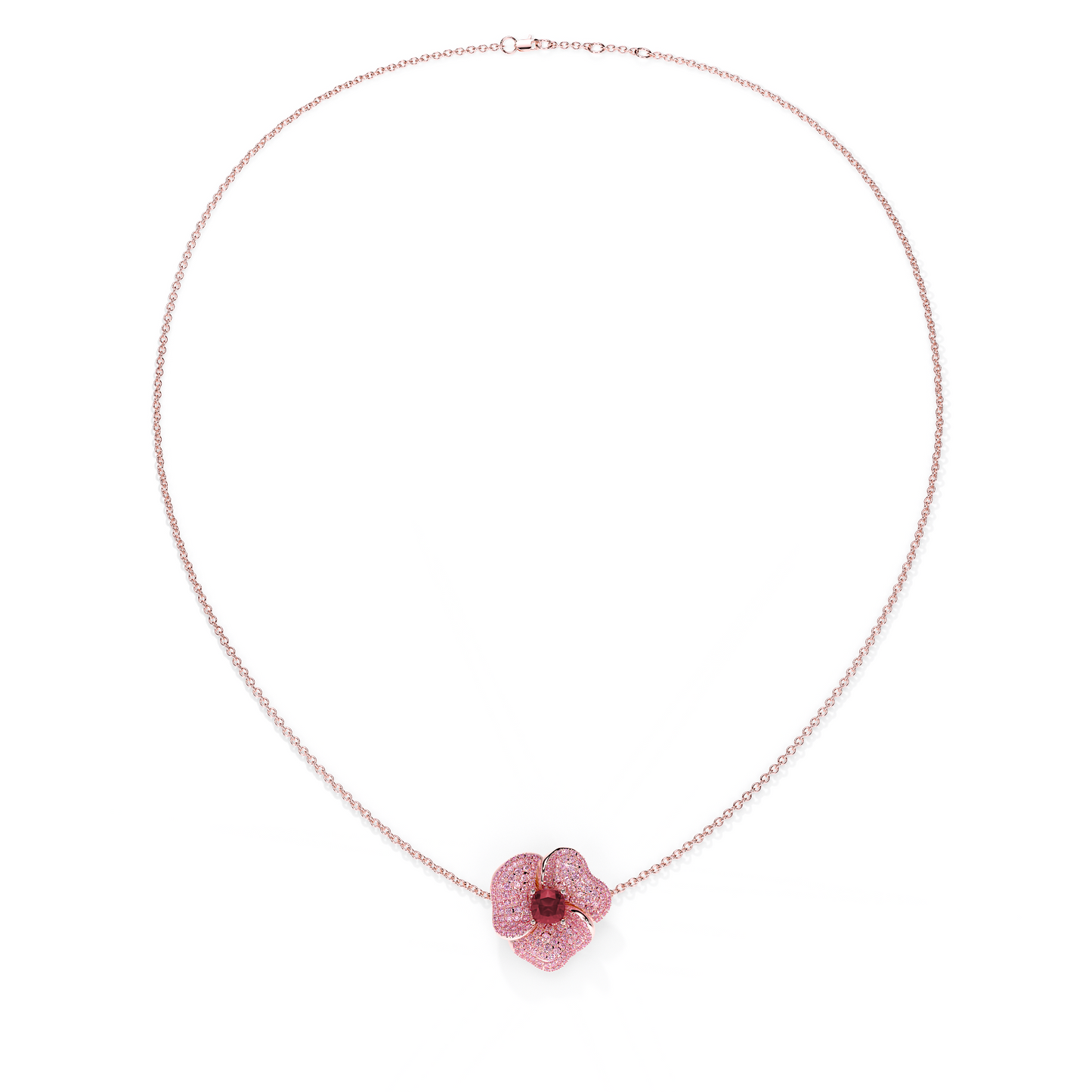 Bloom Medium Flower Ligth Pink Sapphires And Rubelite Cushion Center In Pink Gold necklace