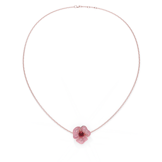 Bloom Medium Flower Ligth Pink Sapphires And Rubelite Cushion Center In Pink Gold necklace