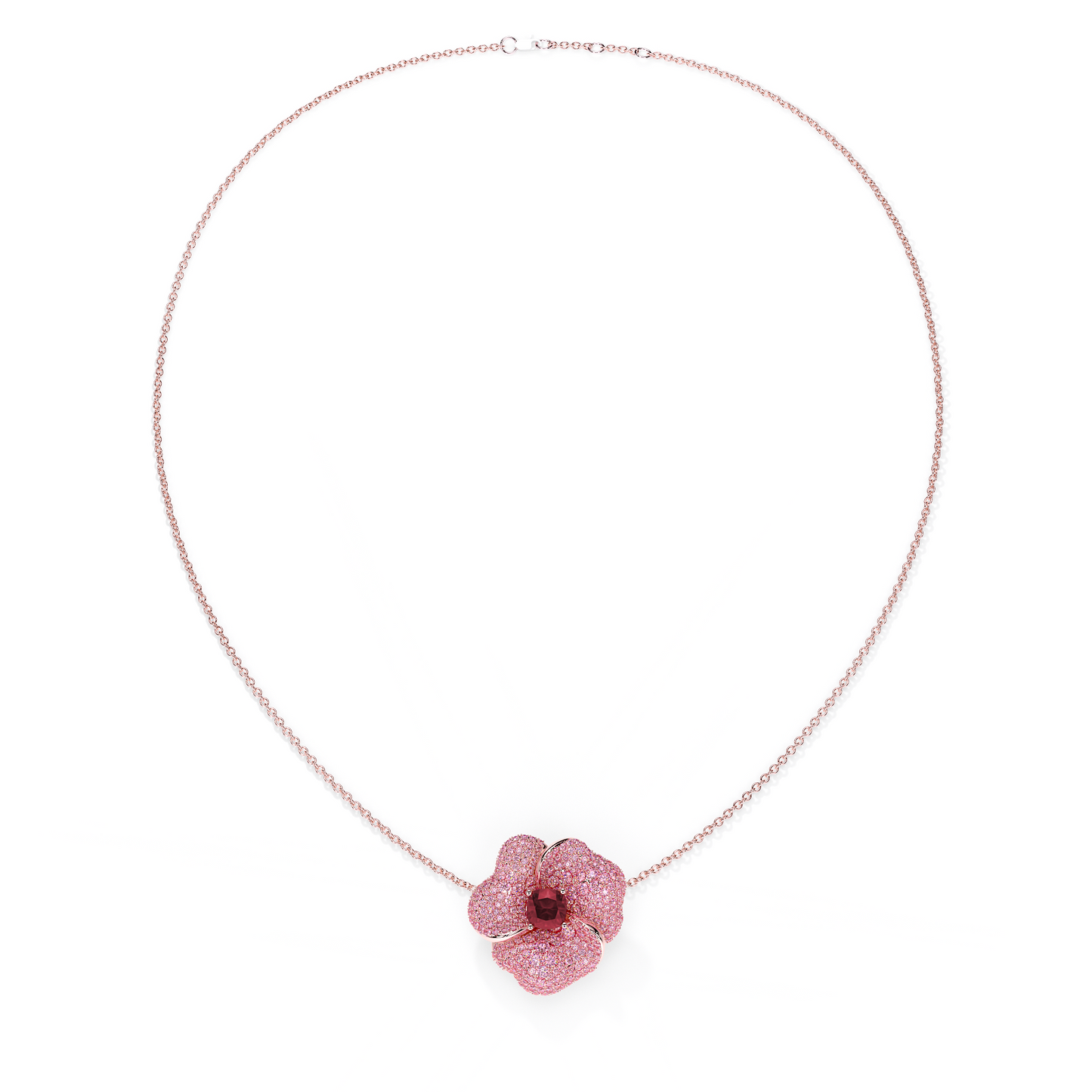Bloom Large Flower Ligth Pink Sapphires And Rubelite Cushion Center In Pink Gold necklace