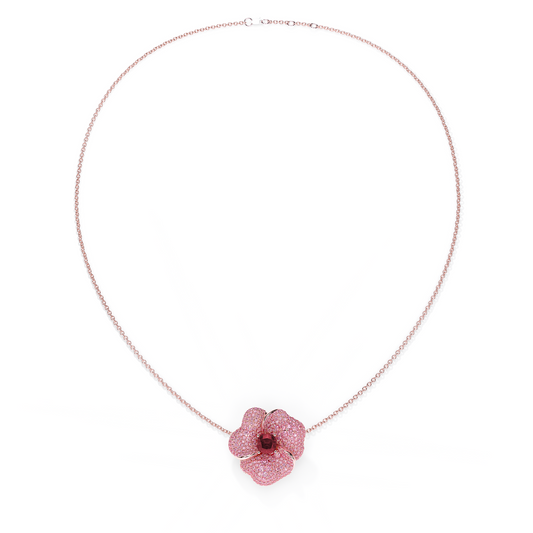 Bloom Large Flower Ligth Pink Sapphires And Rubelite Cushion Center In Pink Gold necklace