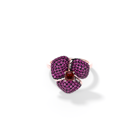 Bloom Small Flower Dark Pink Sapphires And Red garnet Cushion Center In Pink Gold ring