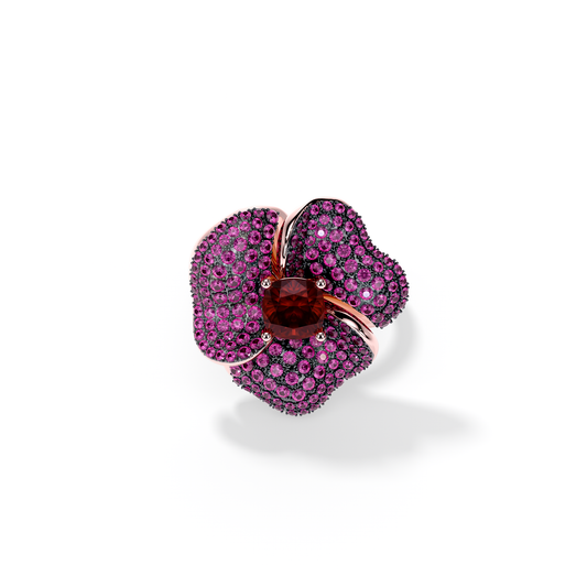 Bloom Medium Flower Dark Pink Sapphires And Red Garnet Cushion Center In Pink Gold ring