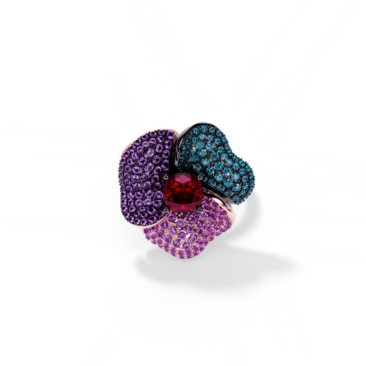 Bloom Medium Pink Gold ring in Blue, Purple and Red