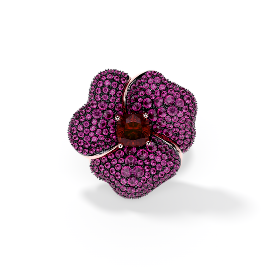 Bloom Large Flower Dark Pink Sapphires And Red Garnet Cushion Center In Pink Gold ring