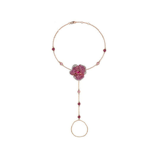Bloom Small Flower Hand Bracelet in White Diamonds and Dark Pink Sapphire Center Rhodolite Garnet in 18K Pink Gold (Dark Pink Sapphire and Red Garnet on The Chain)