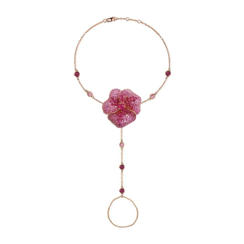 Bloom Large Flower Hand Bracelet in Dark Pink Sapphire  Center Ruby in 18K Pink Gold (Dark Pink Sapphire and Rhodolite Garnet on The Chain)