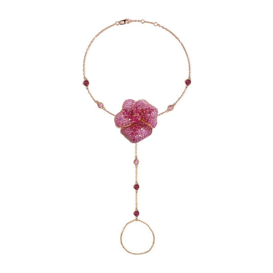 Bloom Large Flower Hand Bracelet in Dark Pink Sapphire  Center Ruby in 18K Pink Gold (Dark Pink Sapphire and Rhodolite Garnet on The Chain)