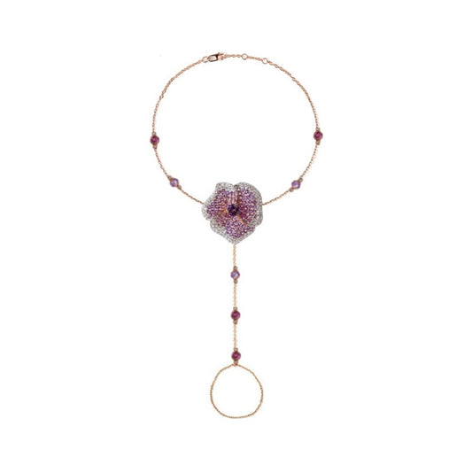 Bloom Medium Flower Hand Bracelet in White Diamonds and Amethyst Center Dark Amethyst in 18K Pink Gold (Light Amethyst and Dark Amethyst on The Chain)