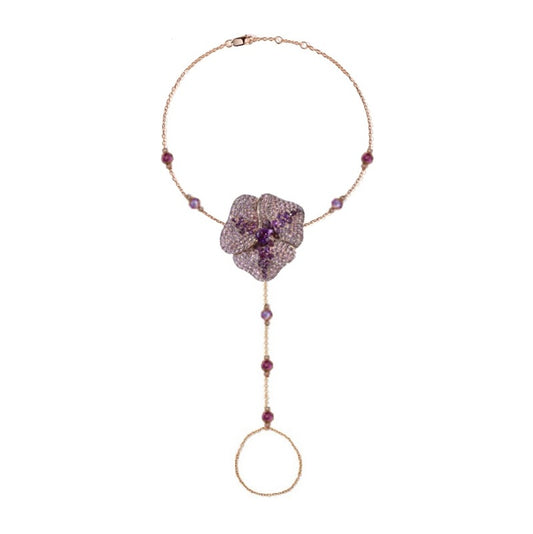 Bloom Large Flower Hand Bracelet in Amethyst Center Dark Amethyst in 18K Pink Gold (Light Amethyst and Dark Amethyst on The Chain)