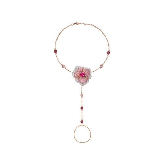 Bloom Medium Flower Hand Bracelet in White Diamonds and Light Pink Sapphire Center Rhodolite Garnet in 18K Pink Gold (Pink Sapphire and Rhodolite Garnett on The Chain)