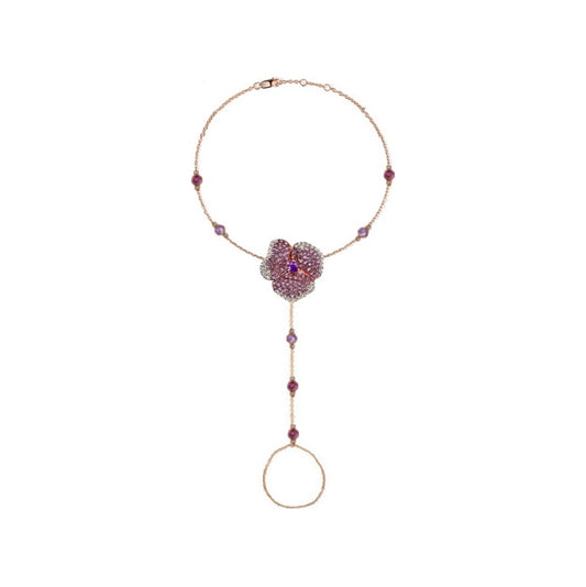 Bloom Small Flower Hand Bracelet in White Diamonds and Amethyst Center Dark Amethyst in 18K Pink Gold (Light Amethyst and Dark Amethyst on The Chain)