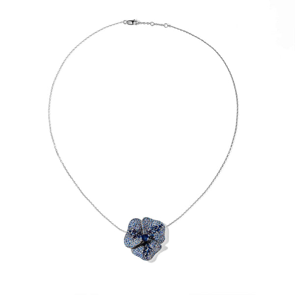 Bloom Large Flower Blue Sapphire Necklace in White Gold