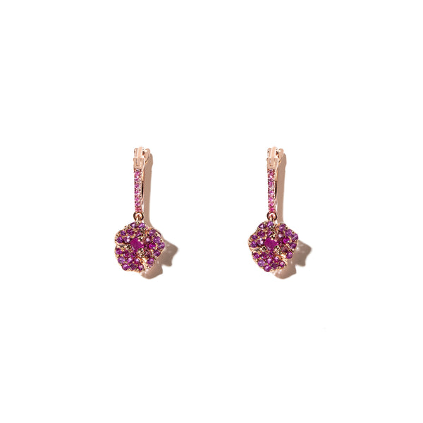 Bloom Petit Flower Dark Pink Sapphires Hoop Earrings in Pink Gold