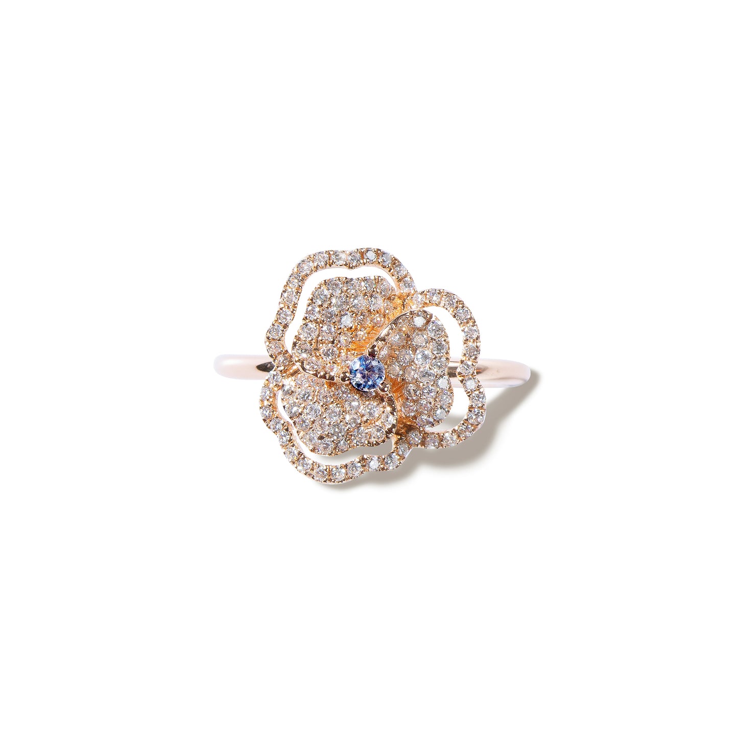 Bloom Mini Flower Halo White Diamond Ring With Blue Sapphire