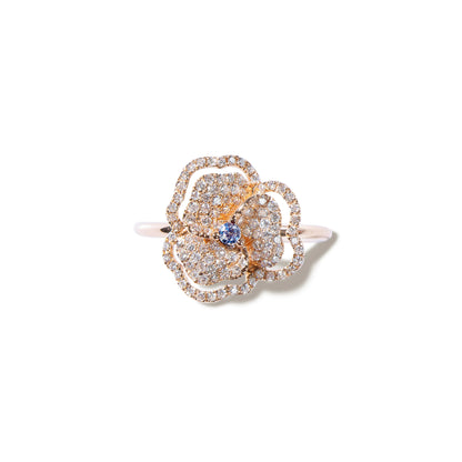 Bloom Mini Flower Halo White Diamond Ring With Blue Sapphire