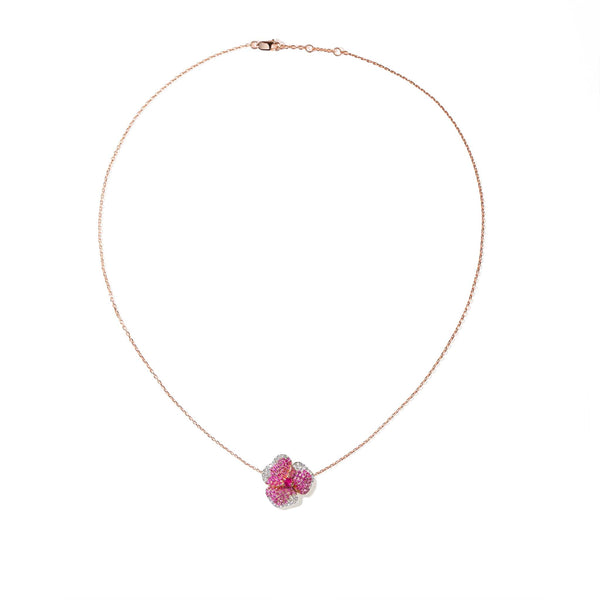 AS29 Bloom Small Flower Dark Pink Sapphire Necklace in Rose Gold