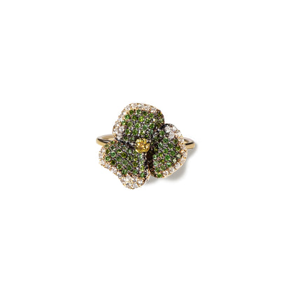 Bloom Small Flower Green Diamonds and Yellow Sapphire Ring in Yellow Gold