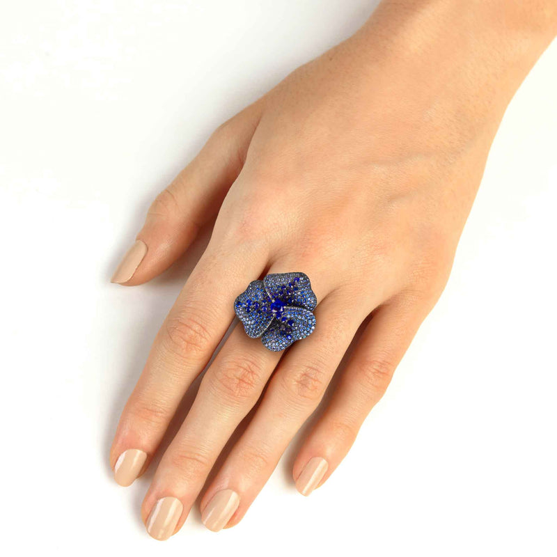 Bloom Large Flower Blue Sapphire Ring in White Gold
