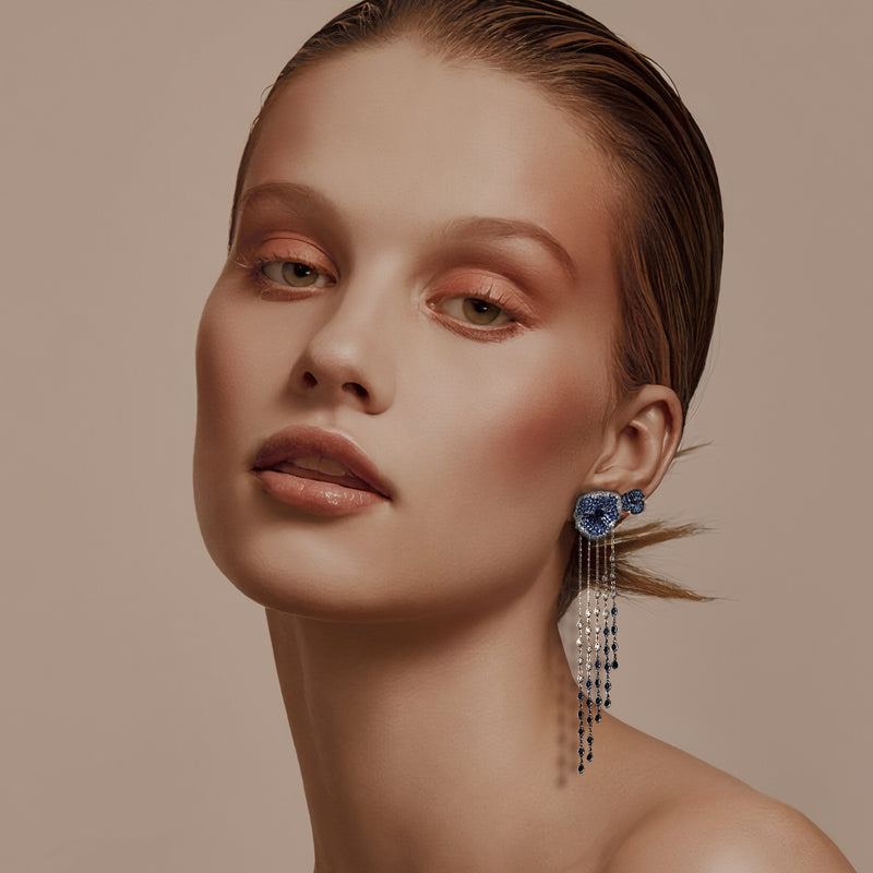 Bloom Medium Flower Blue Sapphire Long Earrings in White Gold