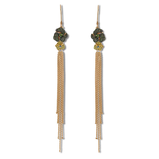 Bloom Mini Flower Green Diamond Tassel Earrings