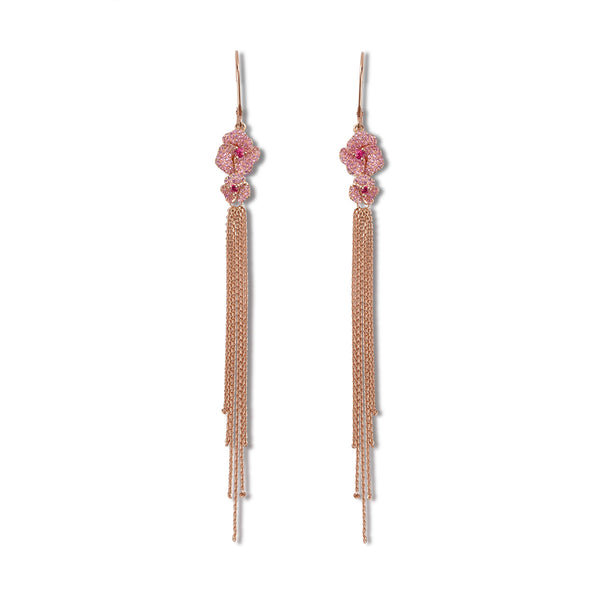 Bloom Mini Flower Light Pink Sapphire Tassel Earrings in Rose Gold
