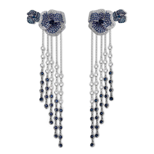 Bloom Medium Flower Blue Sapphire Long Earrings in White Gold