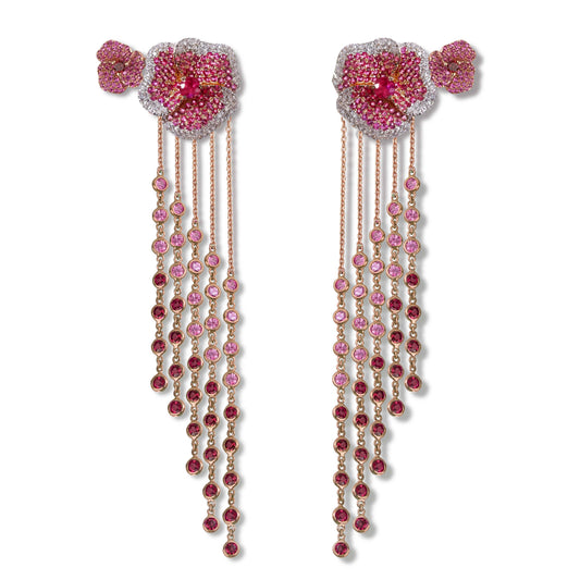Bloom Medium Twins Flower Pink Sapphire Long Earrings in Rose Gold