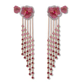 Bloom Medium Flower Pink Sapphire Long Earrings in Rose Gold