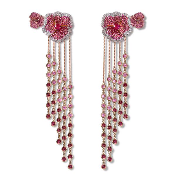 Bloom Medium Twins Flower Pink Sapphire Long Earrings in Rose Gold
