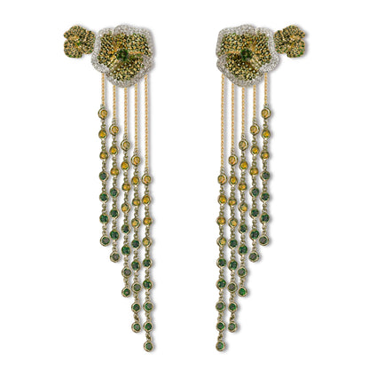 Bloom Medium Twins Green Diamond and Tourmaline  Drop Earrings in Yellow Gold