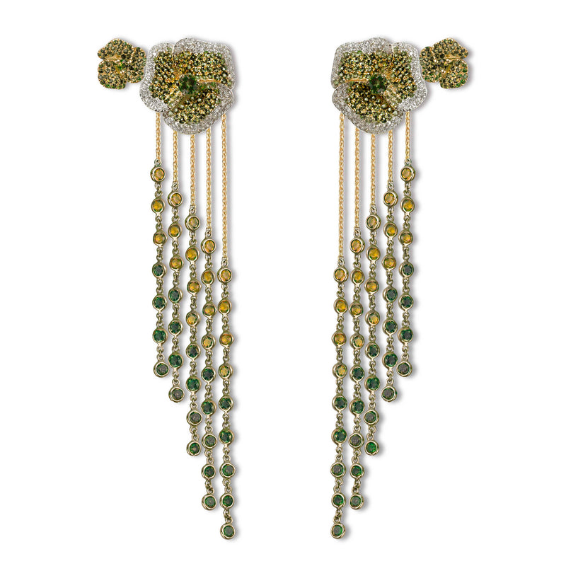 Bloom Medium Twins Flower Green Diamond and Tourmaline Long Dropping Earrings in Yellow Gold