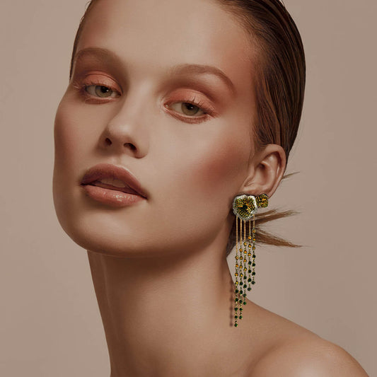 Bloom Medium Twins Flower Green Diamond and Tourmaline Long Dropping Earrings in Yellow Gold