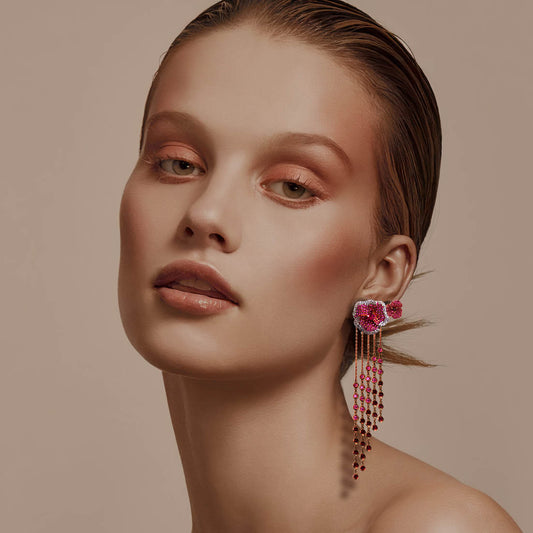 Bloom Medium Twins Flower Pink Sapphire Long Earrings in Rose Gold