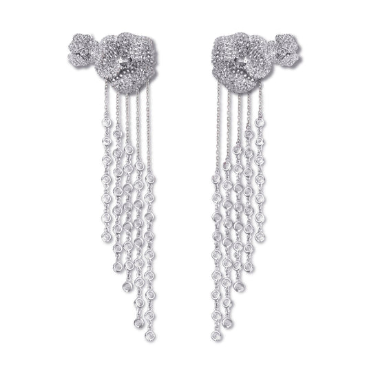 Bloom Medium Flower White Diamonds Long Earrings