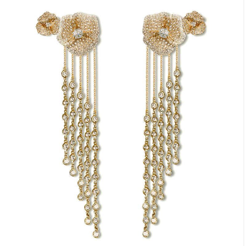 Bloom Medium Flower White Diamonds Long Earrings