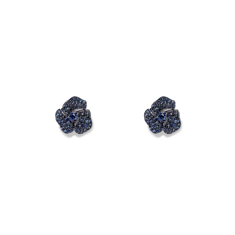 Bloom Mini Flower Blue Sapphire Earrings in Black Gold