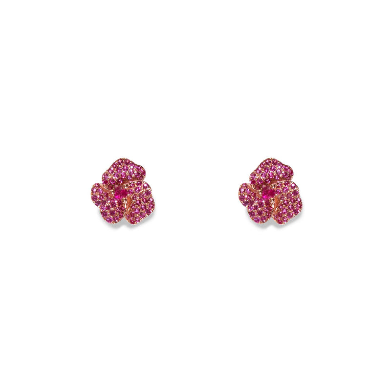 Bloom Mini Flower Dark Pink Sapphire Earrings in Rose Gold