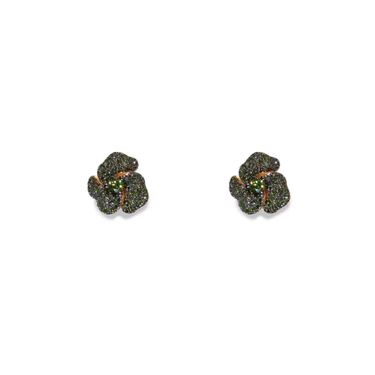 Bloom Mini Flower Green Diamond Earrings in Yellow Gold