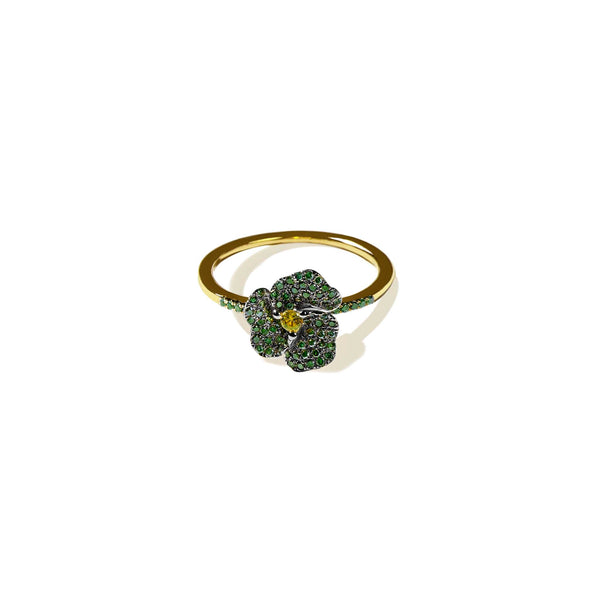 Bloom Mini Flower Green Diamonds and Yellow Sapphire Ring in Yellow Gold