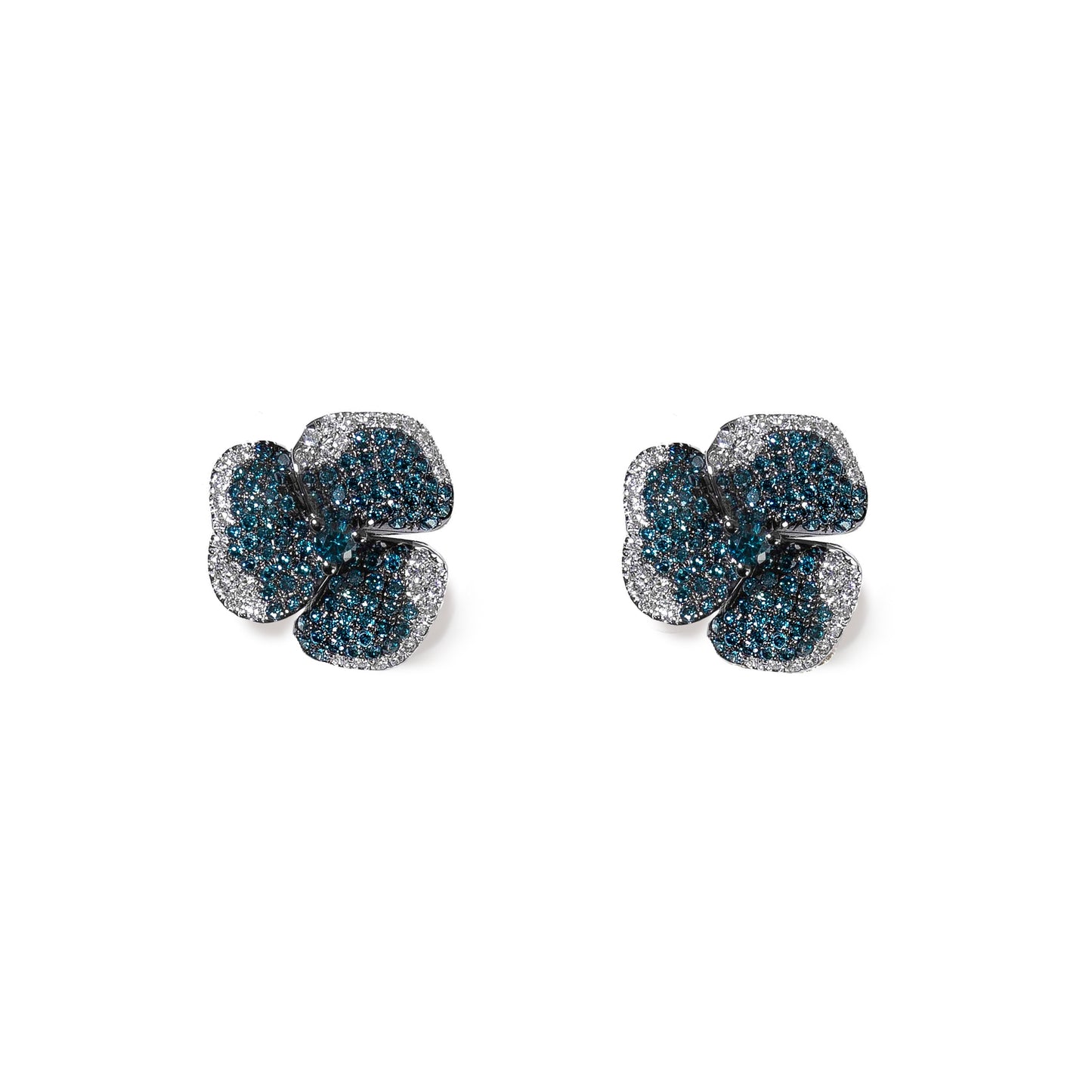 Bloom Small  Flower Blue Diamonds Earrings in Black Gold