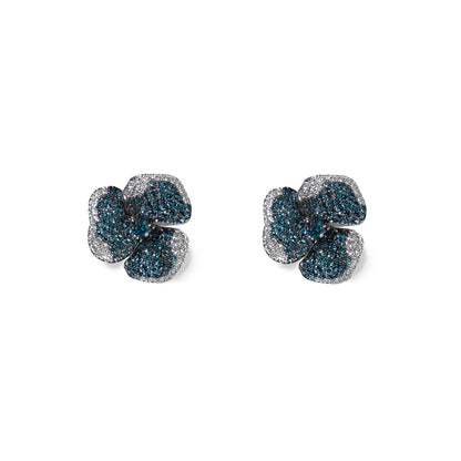 Bloom Small  Flower Blue Diamonds Earrings in Black Gold