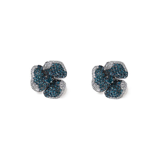 Bloom Small  Flower Blue Diamonds Earrings in Black Gold