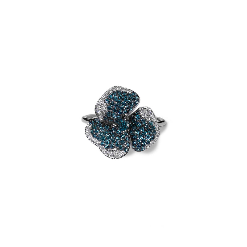 Bloom Small Flower White and Blue Diamonds Ring in White Gold