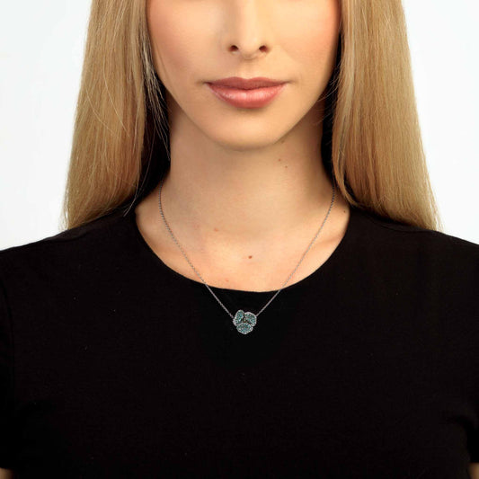 Bloom Small Flower Blue and White Diamonds Necklace in White Gold
