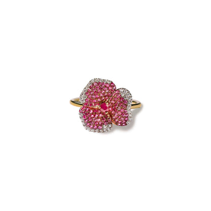 Bloom Small Flower Dark Pink Sapphire Ring in Yellow Gold